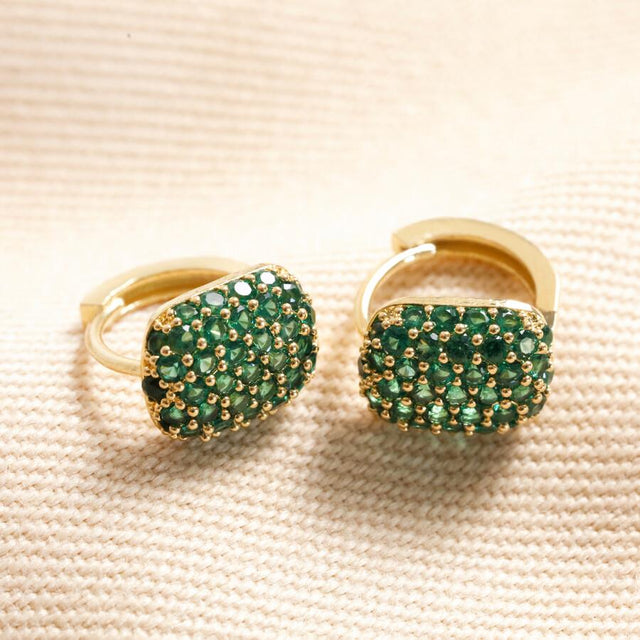 Green Crystal Pave Square Huggie Hoop Earrings