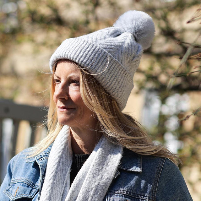 Grey Herringbone Knit Bobble Hat