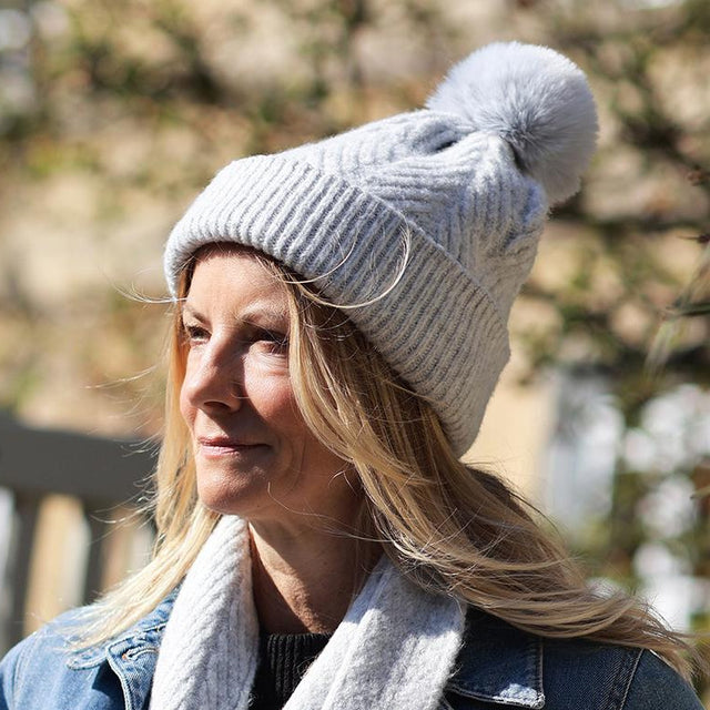 Grey Herringbone Knit Bobble Hat