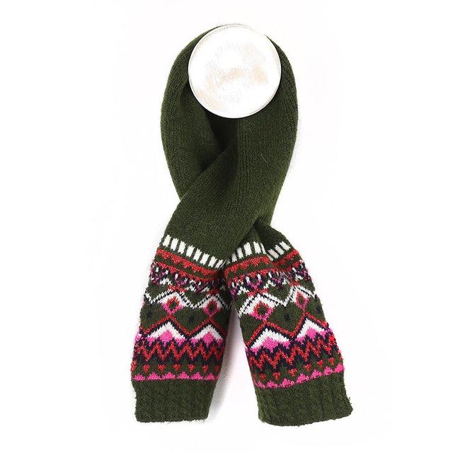 Deep Khaki and Pink Mix Fairisle Pull Through Scarf Close Up