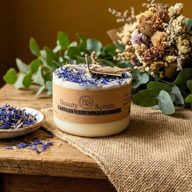 Small Lavender Pillar Candle with Wild Flowers