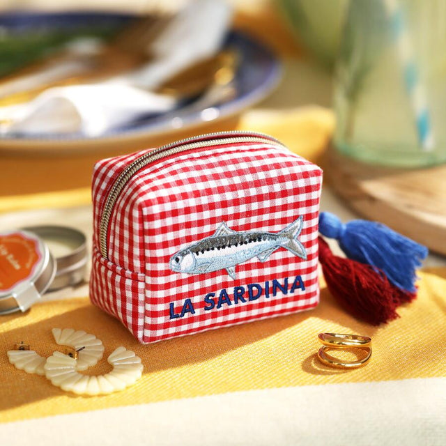 Red and White Gingham Fish Embroidery Pouch