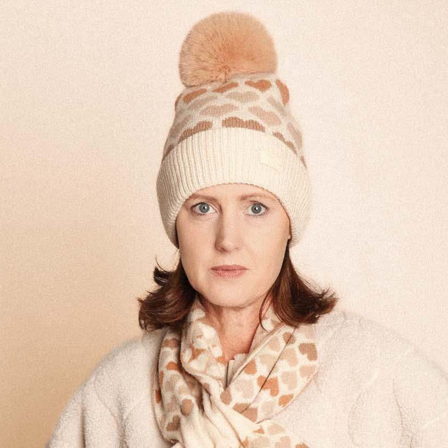 Taupe Hearts Pompom Hat