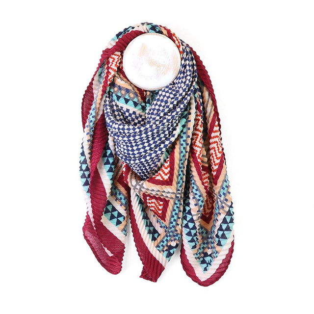 Square Wine, Ecru and Blue Crinkle Scarf