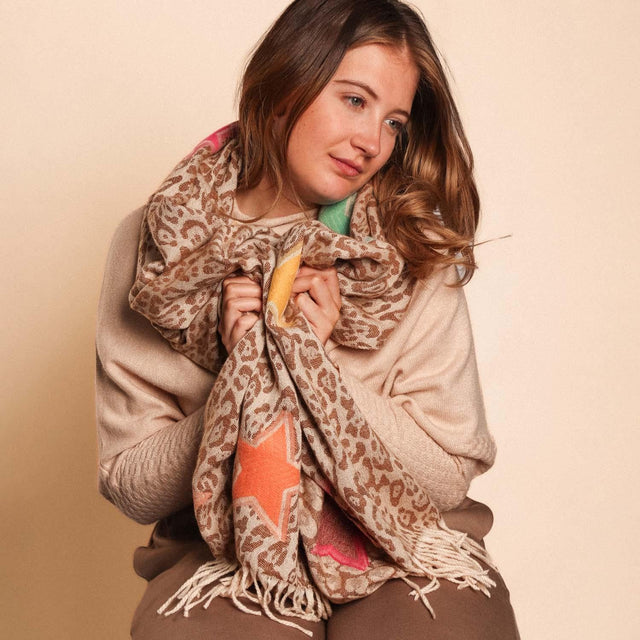 Leopard Print And Stars Caramel Winter Scarf