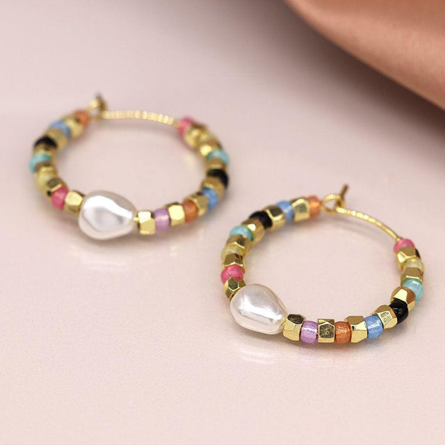 Multicolour glass bead, gold and pearl hoop earrings