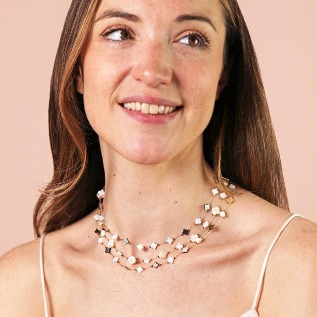Shell Clover Layered Necklace in Gold on Model