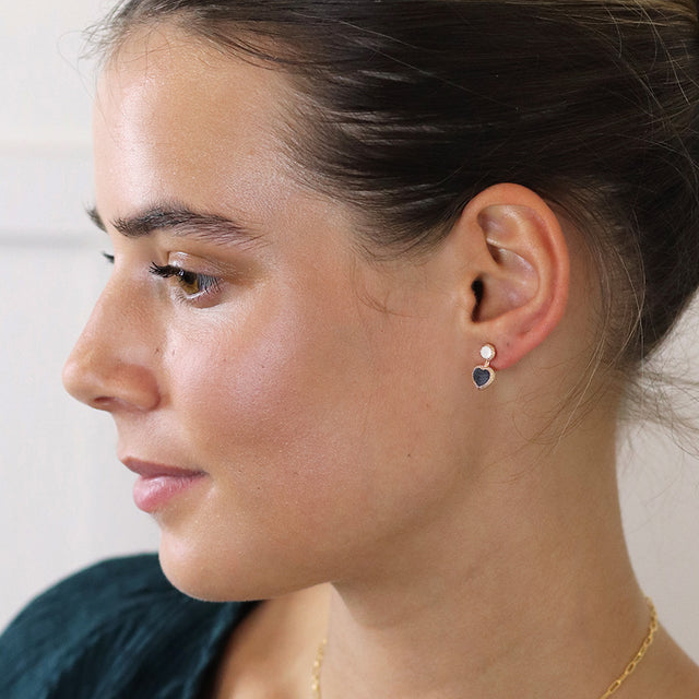 Pom Boutique Black and White Enamel Heart and Circle Stud Earrings on Model