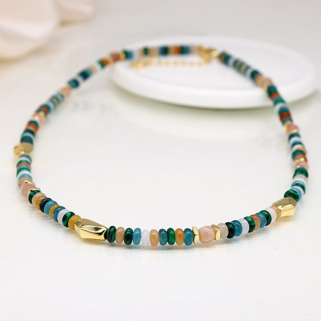 Pom Boutique Faux Gold Aqua and Coral Pebble Beaded Necklace