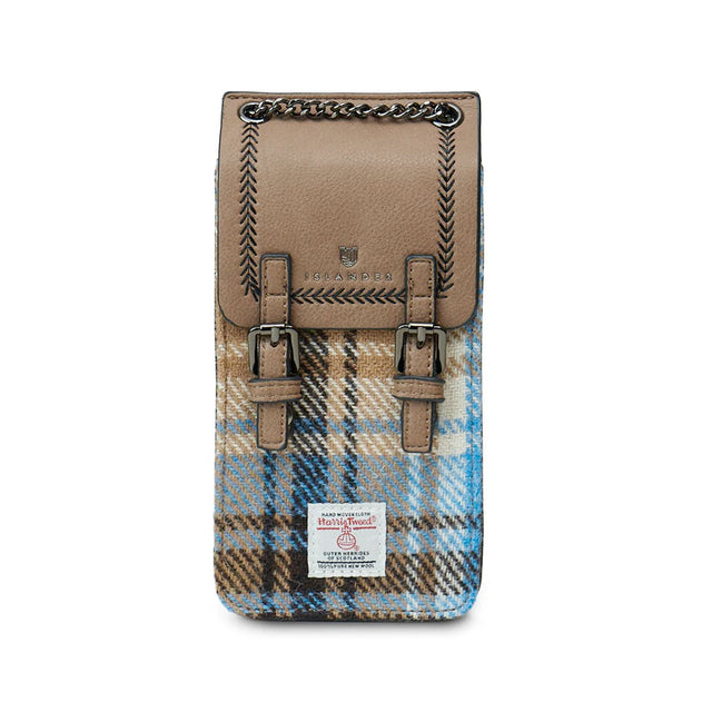 Harris Tweed Blue and Beige Check Tartan Phone Tote Bag Front Facing