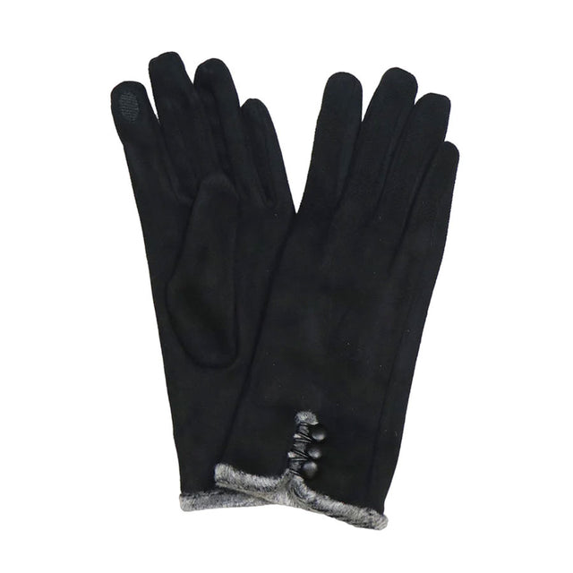 Black Faux Suede Gloves with Button Detailing and Fur Trim Pom Boutique