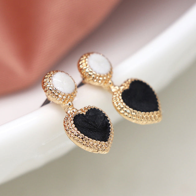 Pom Boutique Black and White Enamel Heart and Circle Stud Earrings