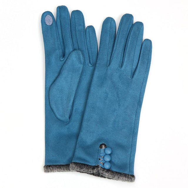 Blue Faux Suede Button Gloves with Faux Fur Trim POM Boutique
