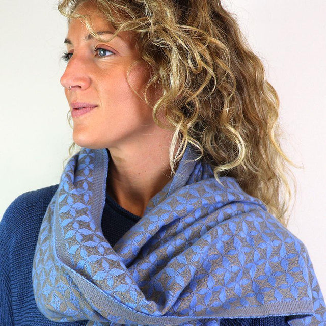 Blue and Taupe Geometric Weave Scarf Pom Boutique