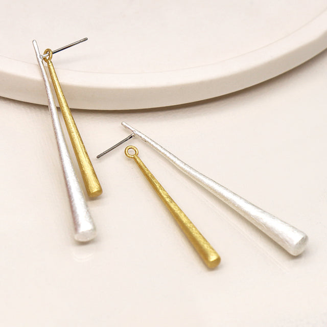 Pom Boutique Brushed Silver and Faux Gold Drop Earrings Close Up