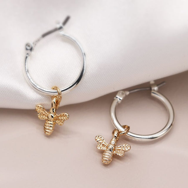 Pom Boutique Silver Hoop Earrings with Gold Bumble Bee Charms