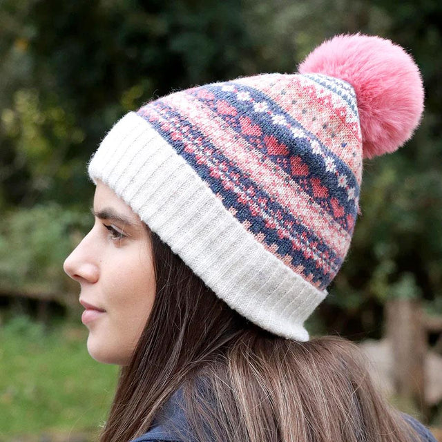 Cream, Denim and Coral Pink Fairisle Pom Pom Hat POM Boutique