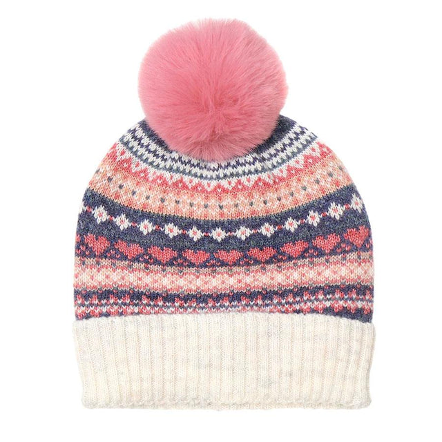 Cream, Denim and Coral Pink Fairisle Pom Pom Hat POM Boutique 2