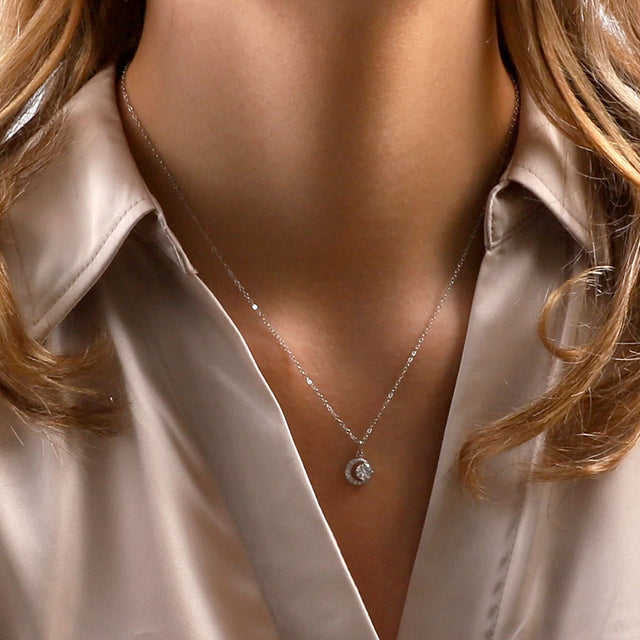 Attic Creations Crystal and Crescent Moon Necklace in Silver on Model