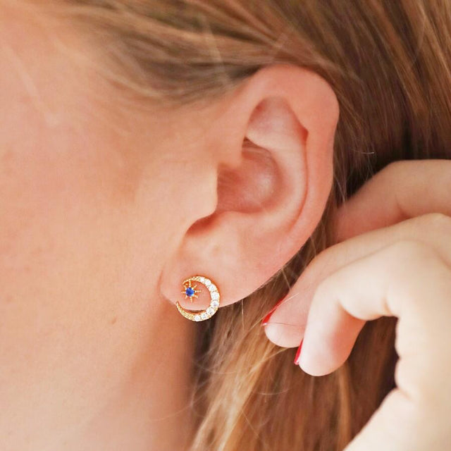 Crystal Blue Moon Stud Earrings in Gold Lisa Angel