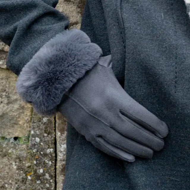 Dark Grey Faux Suede Gloves with Faux Fur Cuff 2