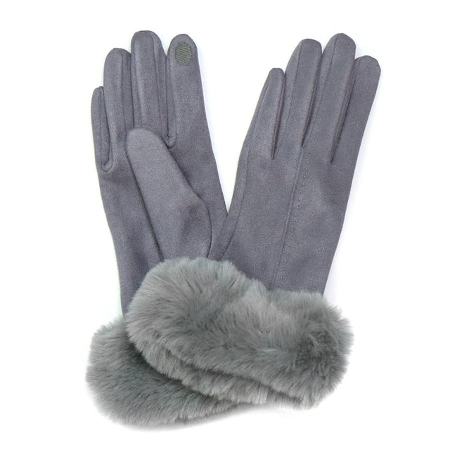 Dove Grey Faux Suede Gloves with Faux Fur Cuff