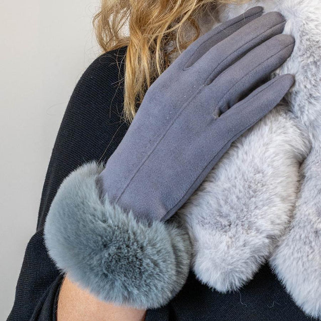 Dove Grey Faux Suede Gloves with Faux Fur Cuff 2