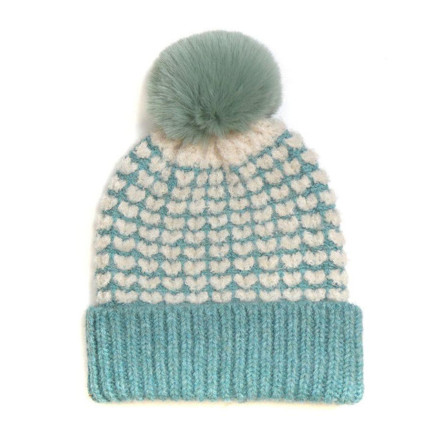 Duck Egg Heart Pattern Faux Fur Pom Pom Knit Hat POM Boutique