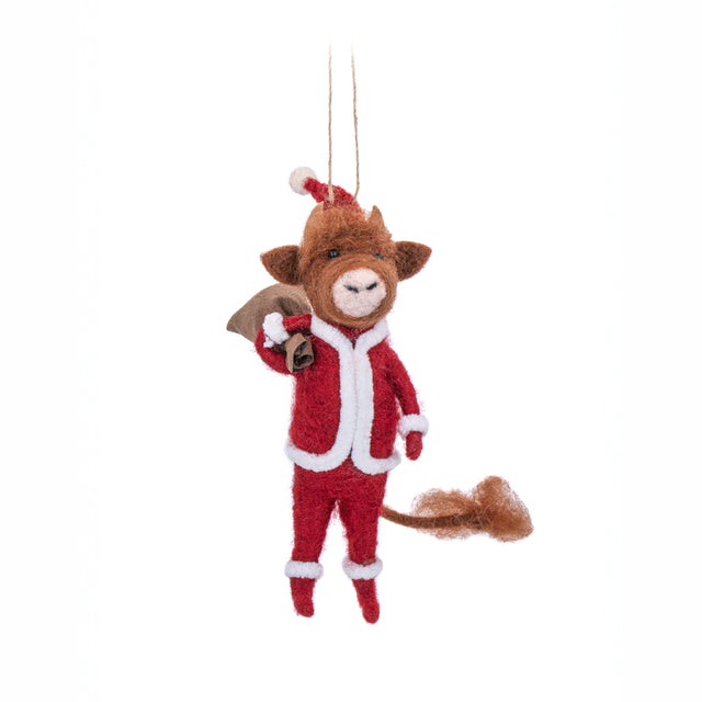 Highland Cow Santa with Sack Felt Hanging Decoration