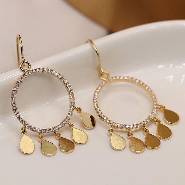 Gold Crystal Circle Earrings with Teardrop Charms Pom Boutique