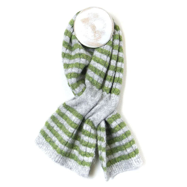 Green and Grey Striped Knitted Short Pull Through Scarf Pom Boutique