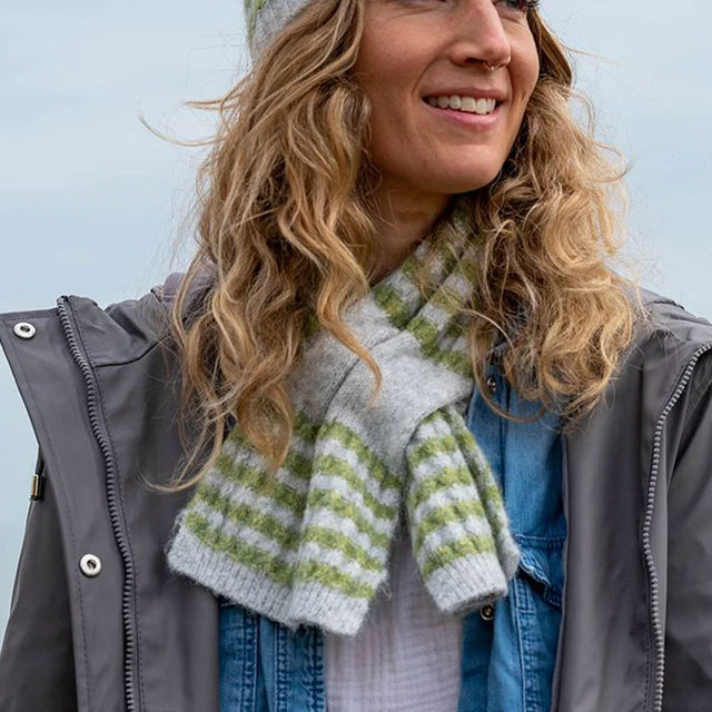Green and Grey Striped Knitted Short Pull Through Scarf Pom Boutique