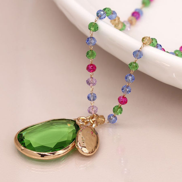 Vibrant Beaded Necklace with Green Glass Drop Pendant