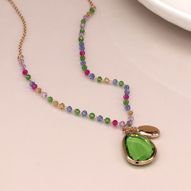 Vibrant Beaded Necklace with Green Glass Drop Pendant with Link Chain