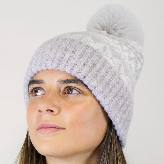 Pom Boutique Pale Grey Fairisle Pom Pom Hat
