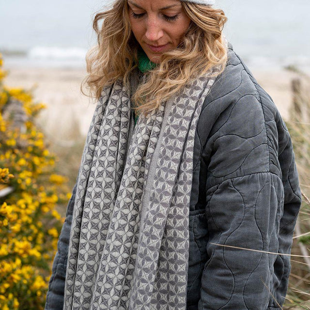 Grey Geometric Repeat Weave Scarf Pom Boutique