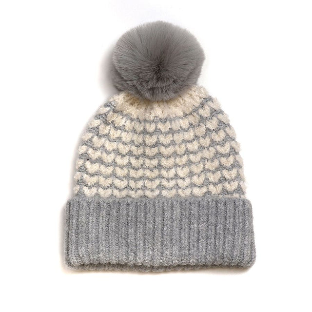 Soft Grey Heart Knit Hat with Faux Fur Pom Pom Pom Boutique