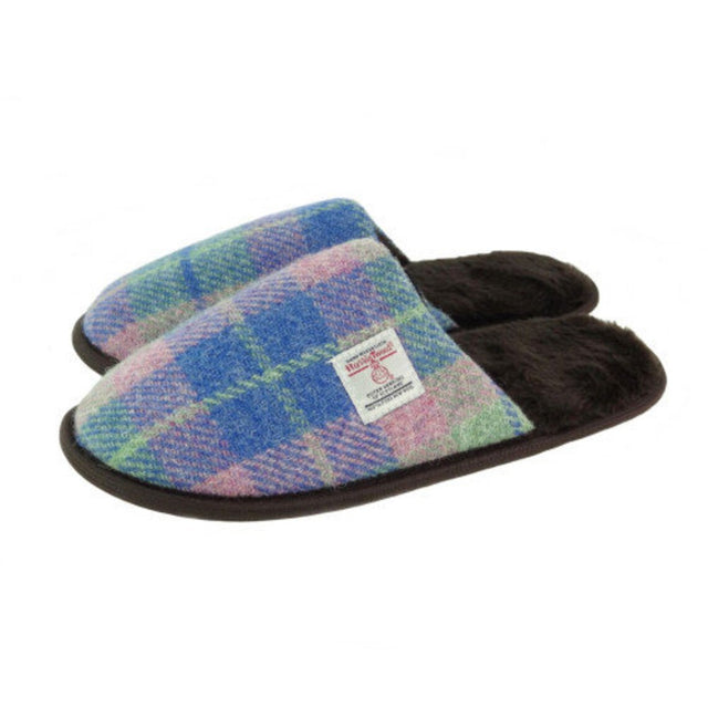 Harris Tweed Slippers in Faded Pink and Blue Tartan - Size 6 Glen Appin