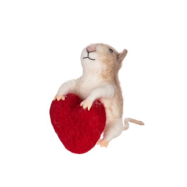 Shoeless Joe Mouse Holding Heart Felt Decoration