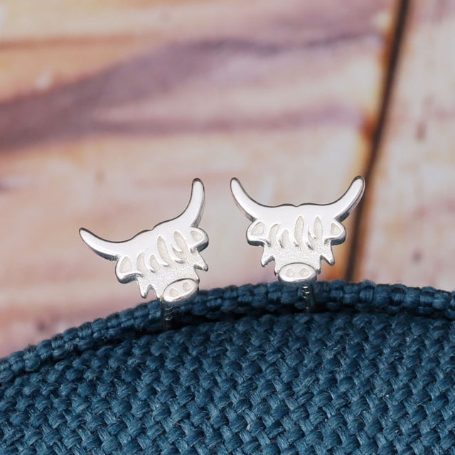 Attic Creations Silver Highland Cow Stud Earrings Close Up