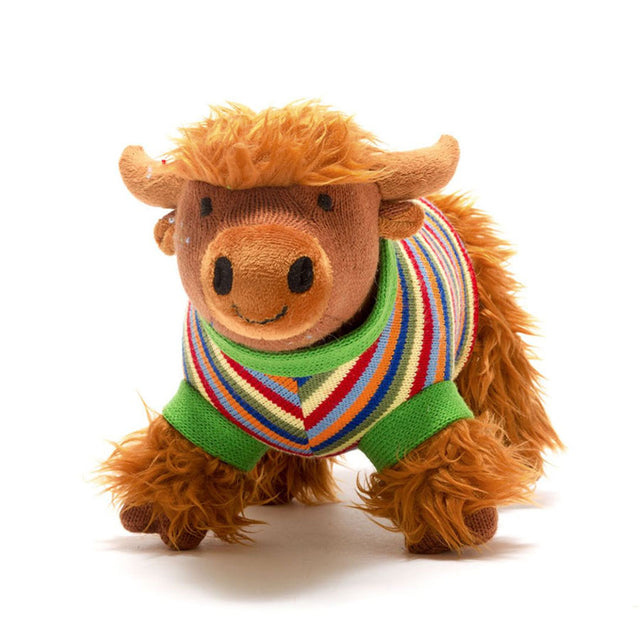 Knitted Highland Cow Plush Toy in Multi-Colour Stripe Jumper