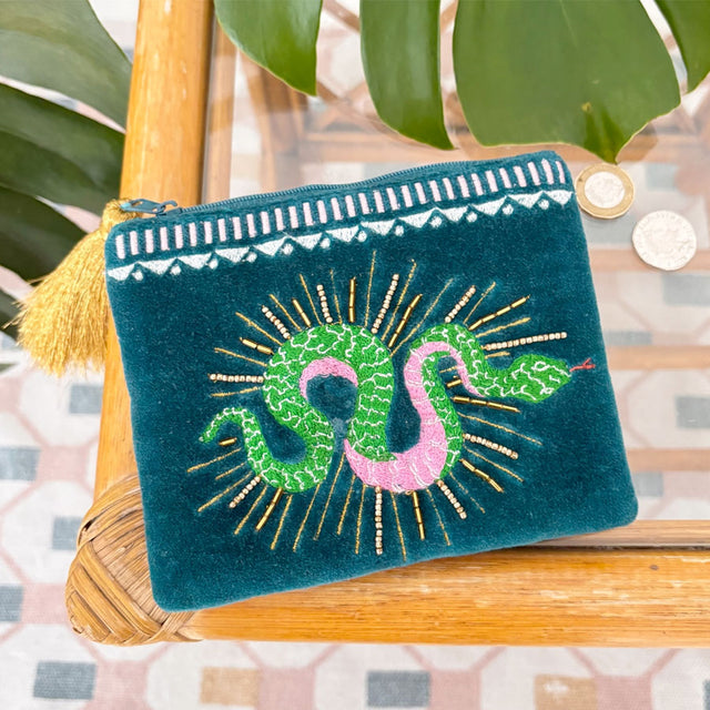 Embroidered Inked Snake Pouch