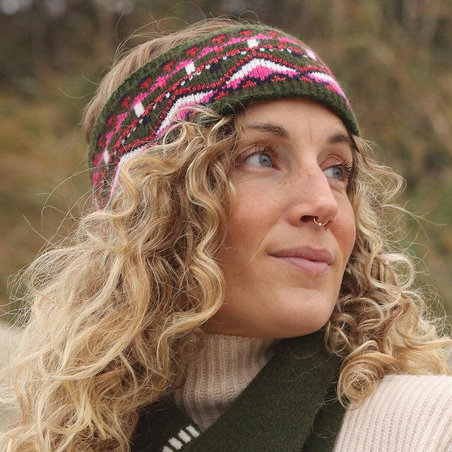 Deep Khaki and Pink Mix Fairisle Headband