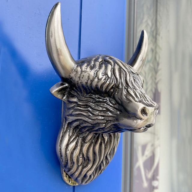 Large Highland Coo Door Knocker Antique Silver Finish