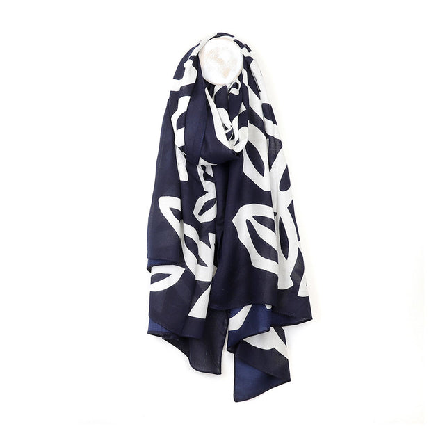 Pom Boutique Deep Navy Leaf Block Line Silhouette Print Scarf Close Up