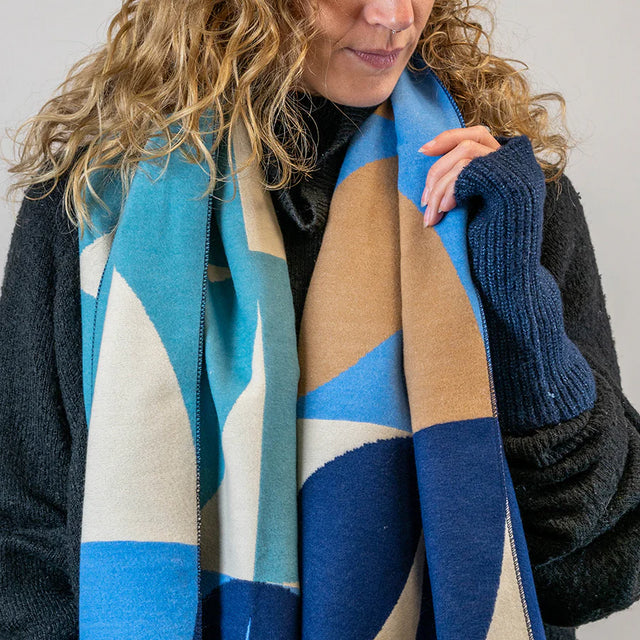 Light Blue, Navy and Ecru Geometric Print Jacquard Scarf Pom Boutique