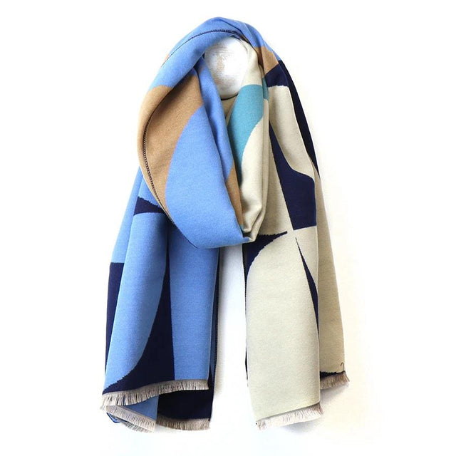 Light Blue, Navy and Ecru Geometric Print Jacquard Scarf 2