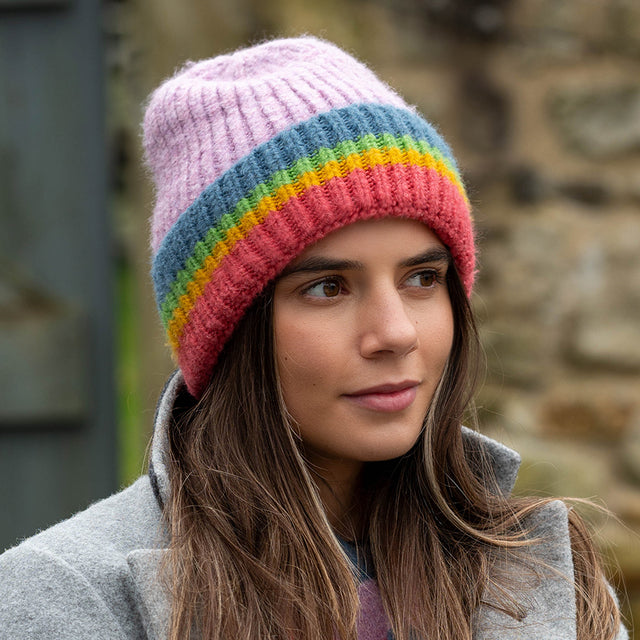 Lilac with Rainbow Stripes Beanie Hat on Model