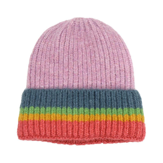Lilac with Rainbow Stripes Turn Up Beanie Hat