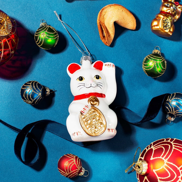White Lucky Cat Shaped Glass Bauble Sass & Belle